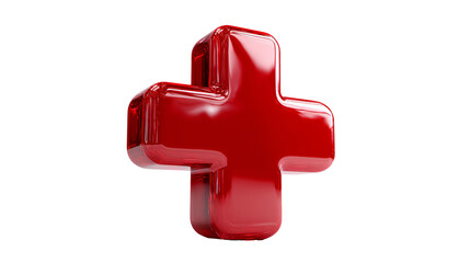 Bold red medical cross with glossy reflections, a 3D rendering on transparent background