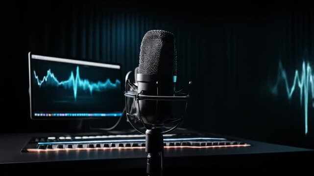 Dark Podcast Studio with Glowing Microphone and Sound Waves. 4k video