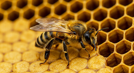 Detailed Macro Photograph of a Honeybee on a Golden Honeycomb