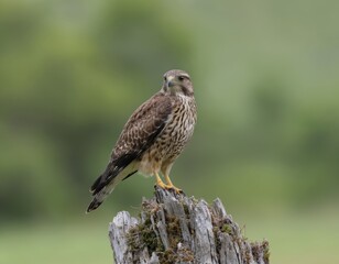 Hawk perches on weathered wooden stump, eyes scanning surroundings. Bird of prey exhibits intricate feather patterns, sharp talons, wild nature in natural habitat. Blurred green background emphasizes