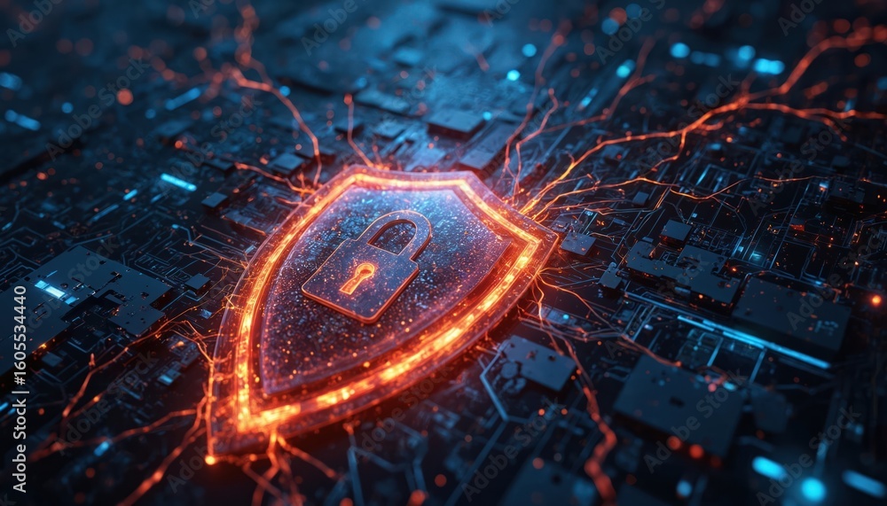 Poster digital shield with padlock represents computer security and network protection. glowing firewall co