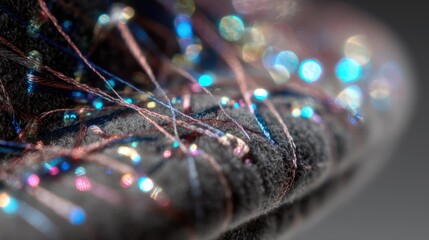 Conductive threads, illuminated with shimmering lights, embed into a dark gray fabric, showcasing the integration of technology and fashion in wearable technology
