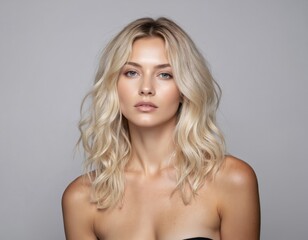 Portrait of blonde Caucasian woman with trendy wavy medium-long hairstyle. Pleasant smile, striking blue eyes. Casual attire, expression convey joy, beauty. Soft grey background emphasizes glowing