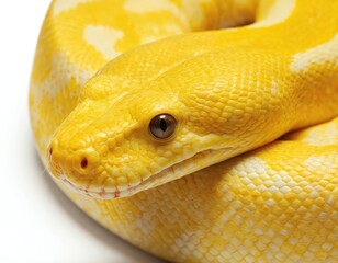 Fototapeta premium Bright yellow snake with intricate patterns coiled against clean white background. Detailed close-up of scales, head, showing distinctive eye. Captures reptile, perfect for nature, wildlife,