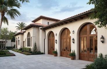 Fototapeta premium Mediterranean villa featuring stucco walls, arched doorways, terracotta roof tiles. Classic architectural style offers elegant exterior appeal with warm wood doors, decorative lighting. Rich