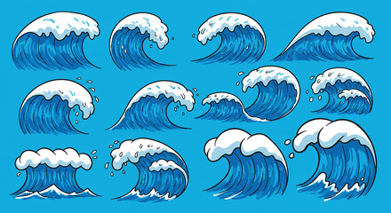 Vintage Hand-Drawn Ocean Wave Illustration Set