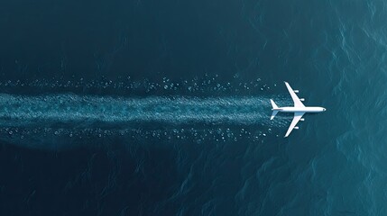 Fototapeta premium White airplane flying over dark water.