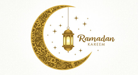 Elegant Ramadan Kareem Greeting with Golden Crescent Moon and Lantern