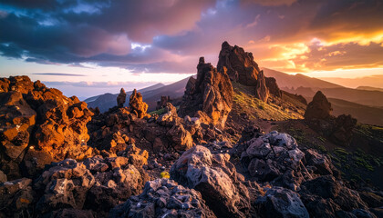 Fototapeta premium Peaks Bathed in Golden Twilight