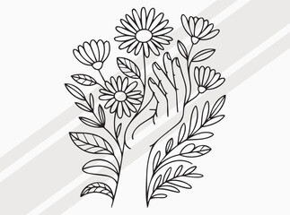 Hand with Flowers and Leaves in Elegant Black and White Composition - Botanical Line Art Symbolizing Connection