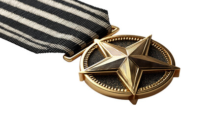 Military medal with gold star and striped ribbon close up on transparent background