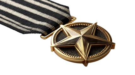 Military medal with gold star and striped ribbon close up on transparent background