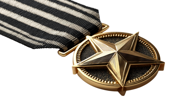 Military medal with gold star and striped ribbon close up on transparent background
