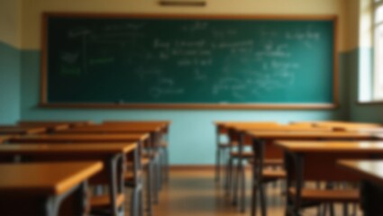A blurry classroom with rows of desks and a green chalkboard at the front of the room in a school