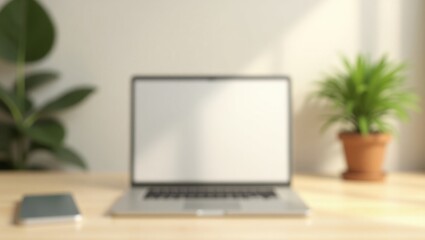 A blurry image of a laptop with a blank screen next to a plant and a phone on a wooden desk