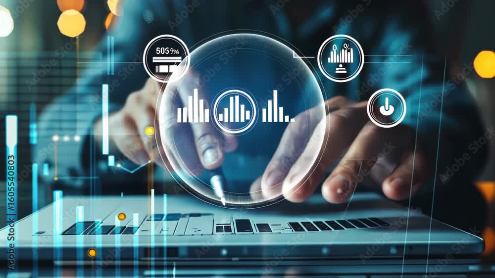 Poster data analytics and digital insights: the hands of a professional navigate a modern laptop, with a vi
