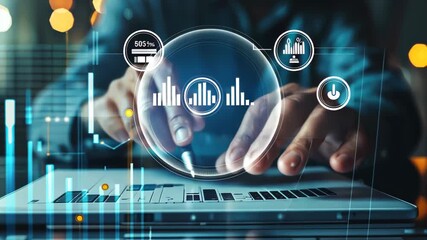 Data Analytics and Digital Insights: The hands of a professional navigate a modern laptop, with a visual overlay of analytical data, charts, and graphs.  - Powered by Adobe