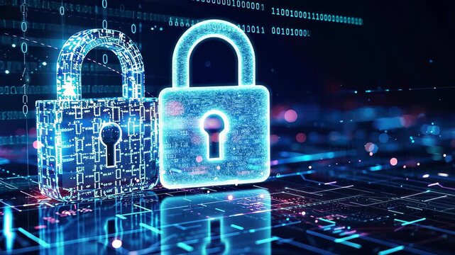Digital Security: Glowing padlocks symbolize robust online protection amidst a dark, technology-infused backdrop, conveying the crucial importance of safeguarding data, privacy, and network safety.