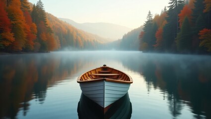 A serene lake with a rowboat surrounded by autumn trees and mountains in the distance at sunrise