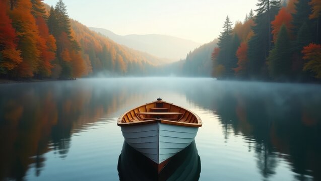 A serene lake with a rowboat surrounded by autumn trees and mountains in the distance at sunrise