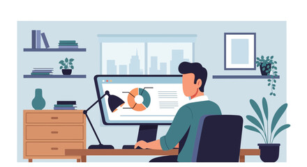 Man Working From Home Analyzing Data On Computer Screen