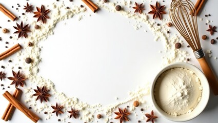 Ingredients for baking arranged on a white surface with a bowl and whisk creating a frame for text