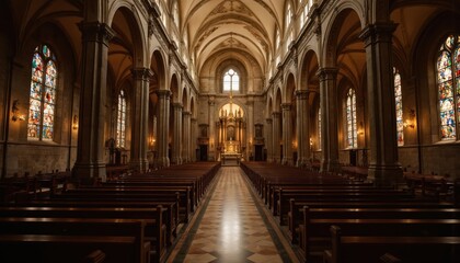 Fototapeta premium Grand church interior features rows of wooden pews leading to detailed altar. Tall columns support arched ceilings. Stained glass windows cast colorful light inside holy sanctuary. Gothic
