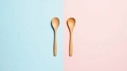Two wooden spoons on a split background of light blue and light pink in a minimalist style shot