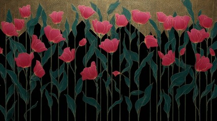 Beautiful pink flowers stand tall against a dark background. This digital artwork captures the elegance of nature. Perfect for home decor or a calming atmosphere. AI