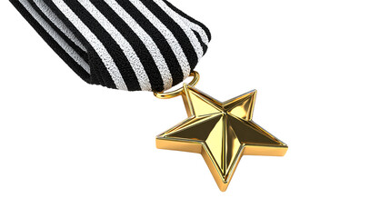 Exquisite golden star award medal with striped ribbon detail on transparent background