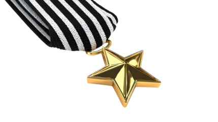 Exquisite golden star award medal with striped ribbon detail on transparent background