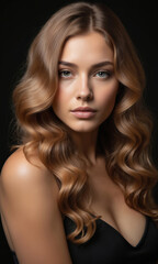 Fototapeta premium Portrait of woman with glossy, light brown, wavy hair against dark background. Healthy, beautiful hair cascades in smooth, shiny strands. Photo sleek coiffure, elegant style, perfect for beauty,