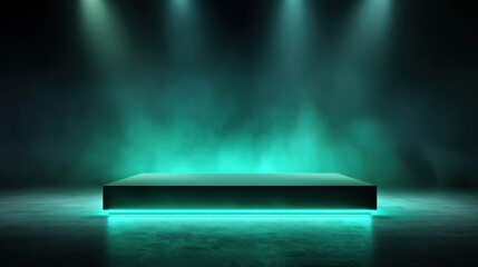 Stunning photo of background podium 3D light neon green platform stage product abstract. Scene background 3D podium dark pedestal room glow studio empty stand floor night modern.