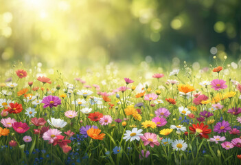 Obraz premium Vibrant summer meadow filled with colorful wildflowers like daisies, cosmos, bathed in warm sunbeams. Soft bokeh lights create magical atmosphere. Ideal for spring summer greeting cards, nature