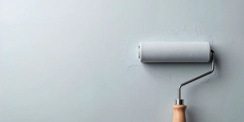 Close-Up of Gray Paint Roller Applying Fresh Paint – Home Renovation Banner with Text Space