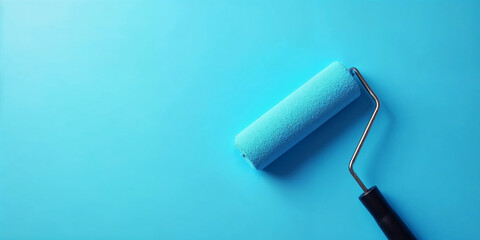 Blue Paint Roller Applying Fresh Blue Paint – Close-Up Home Renovation Scene