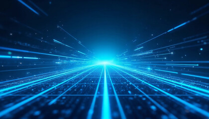 Futuristic Blue Digital Tunnel Background with Glowing Lines and Data Flow