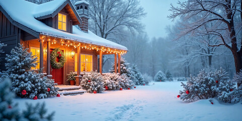 Cozy Snowy Christmas House with Decorations and Falling Snow – Winter Holiday Banner Scene
