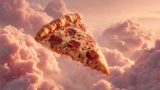 Floating pizza slice in clouds