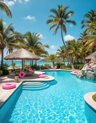 Obraz premium Tropical paradise pool scene with clear turquoise water, surrounded by palm trees under bright blue sky. Pink inflatable rings float on surface, suggesting summer relaxation, vacation fun. Lounge