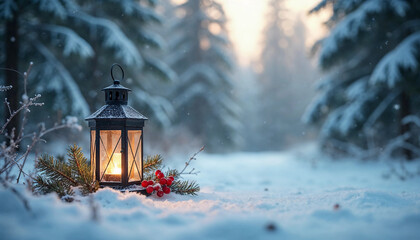 Peaceful Winter Forest with Vintage Lantern and Soft Snowfall – Serene Holiday Banner