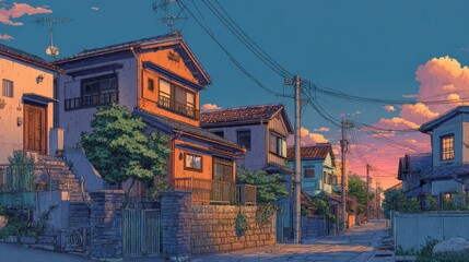 Stunning photo of beautiful japanese tokyo city town in the evening. houses at the street. anime comics artstyle. cozy lofi asian architecture.