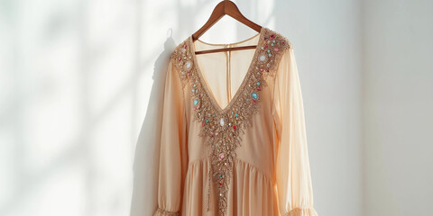 Beaded Beige Couture Dress on Hanger Against White Background — Close-Up for Fashion Banner