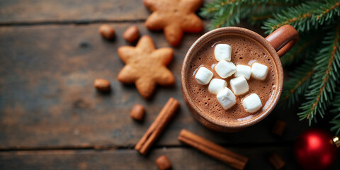 Cozy Christmas Flatlay with Gingerbread Cookies and Hot Chocolate on Wooden Table