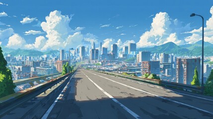 Stunning photo of asphalt road and a modern city depicted in anime style.