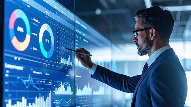 Hyper‑real photograph shot of a managers viewing a large wall‑mounted digital dashboard showing real‑time performance metrics and coded progress rings.
