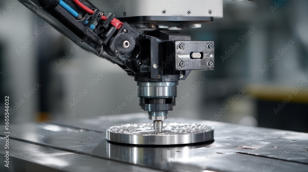 Poster robotic arm equipped with a polishing tool meticulously refining the surface of a metal component in