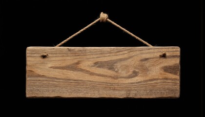 Rustic wooden sign with detailed wood grain texture hangs by rope against black background. Natural, hand-made object features simple, elegant design. Perfect for rustic decor craft projects,