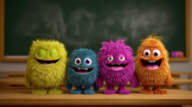4 cute funny monsters, happy and smiling, standing next to each other on the table in front of blackboard