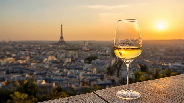 A glass of wine on the table with a Paris cityscape and the Eiffel Tower at sunset